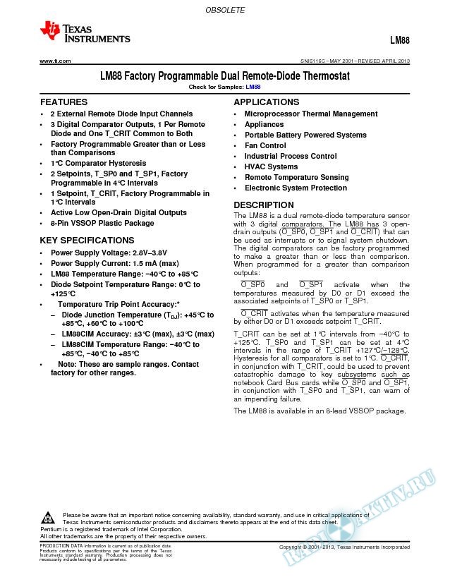 LM88  Factory Programmable Dual Remote-Diode Thermostat (Rev. C)