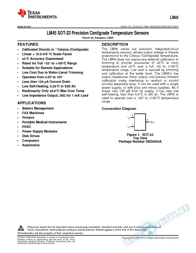 LM45 SOT-23 Precision Centigrade Temperature Sensors (Rev. C)