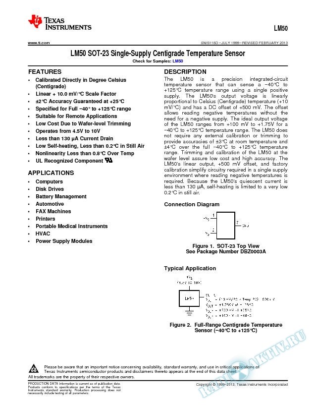 LM50 SOT-23 Single-Supply Centigrade Temperature Sensor (Rev. D)