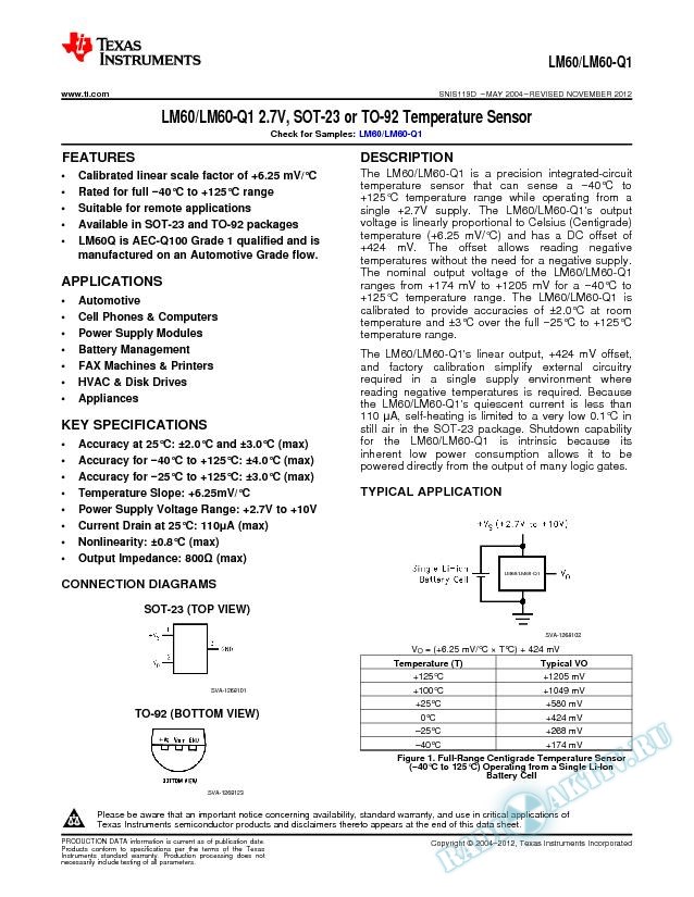 LM60 2.7V, SOT-23 or TO-92 Temperature Sensor (Rev. D)