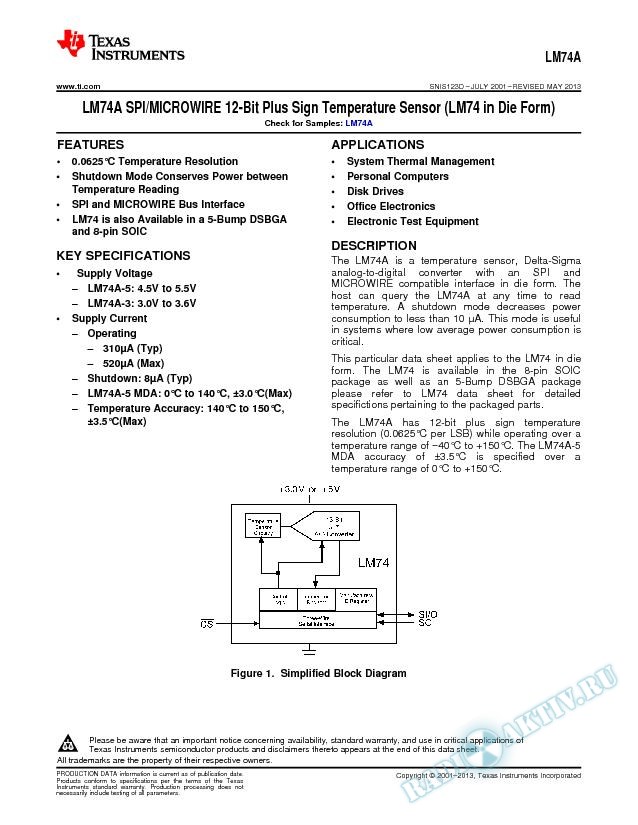 LM74A SPI/MICROWIRE 12-Bit Plus Sign Temperature Sensor (LM74 in Die Form) (Rev. D)
