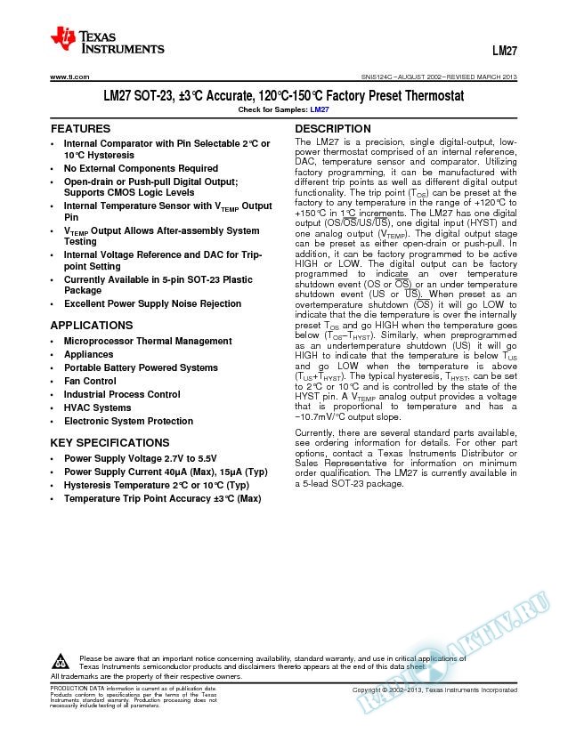 LM27 SOT-23 Accurate, 120C-150C Factory Preset Thermostat (Rev. C)