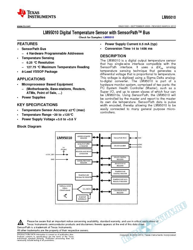 LM95010 Digital Temperature Sensor with SensorPath Bus (Rev. D)