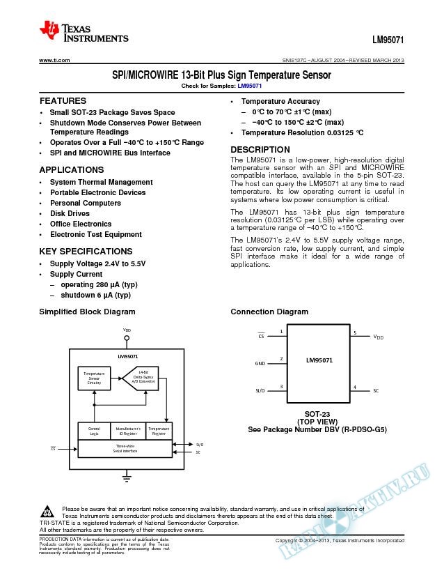 LM95071 SPI/MICROWIRE 13-Bit Plus Sign Temperature Sensor (Rev. C)