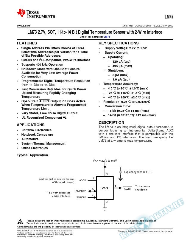 LM73 2.7V, SOT-23, 11-14Bit Dig Temp Sensor w/ 2-Wire Interface (Rev. D)