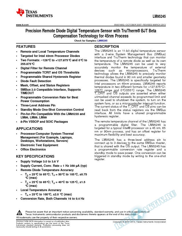 Precision Diode Digital Temp Sensor w/TruTherm BJT Comp Tech for 45nm Process (Rev. G)