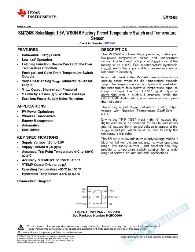 SolarMagic 1.6V, LLP-6 Factory Preset Temperature Switch and Temperature Sensor (Rev. C)
