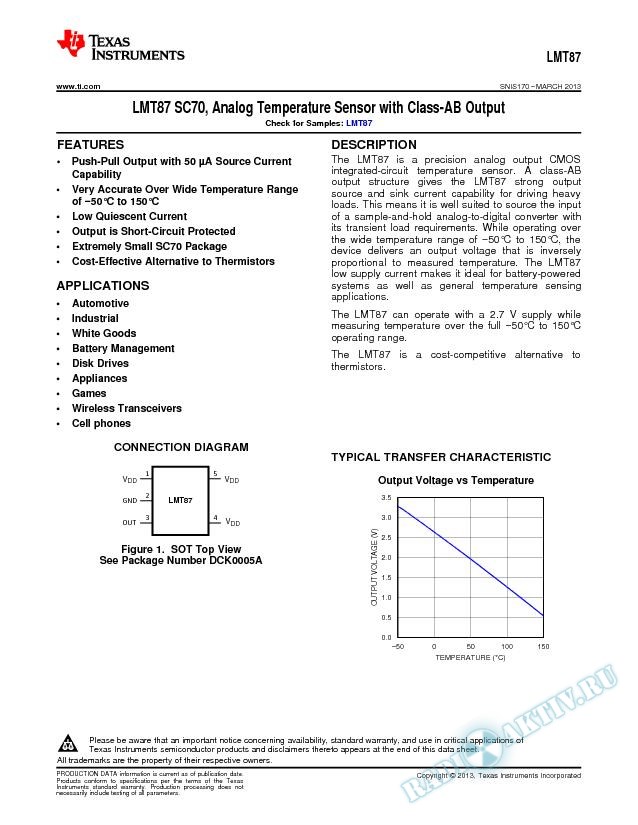 LMT87  SC70, Analog Temperature Sensor with Class-AB Output