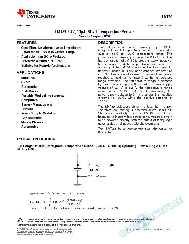 LMT892.4V, 10µA, SC70, Temperature Sensor