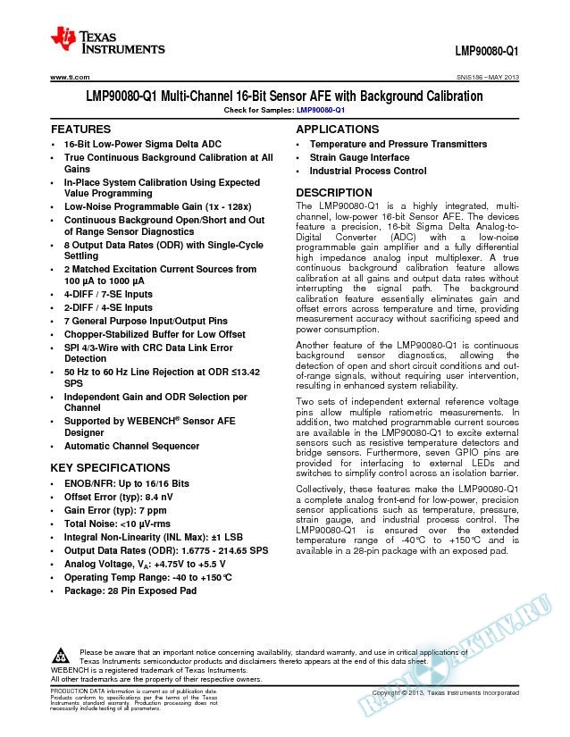 LMP90080-Q1 Multi-Channel 16-Bit Sensor AFE with Background Calibration