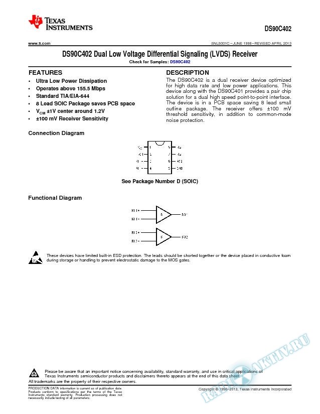 DS90C402 Dual Low Voltage Differential Signaling (LVDS) Receiver (Rev. C)