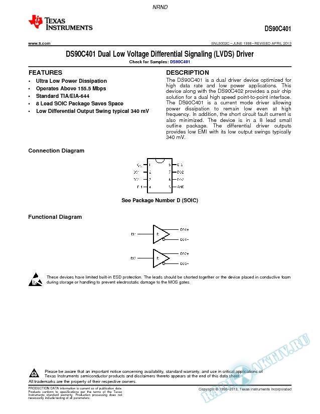 DS90C401 Dual Low Voltage Differential Signaling (LVDS) Driver (Rev. C)