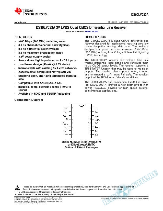 DS90LV032A  3V LVDS Quad CMOS  Differential Line Receiver (Rev. C)