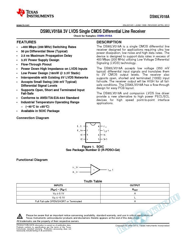 DS90LV018A 3V LVDS Single CMOS Differential Line Receiver (Rev. D)