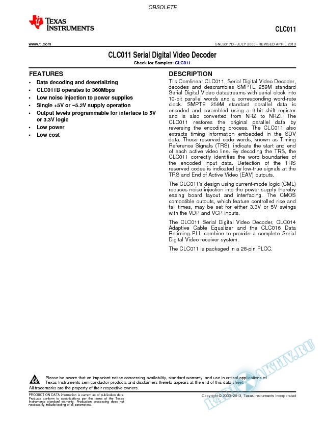 CLC011 Serial Dig Video Decoder (Rev. D)