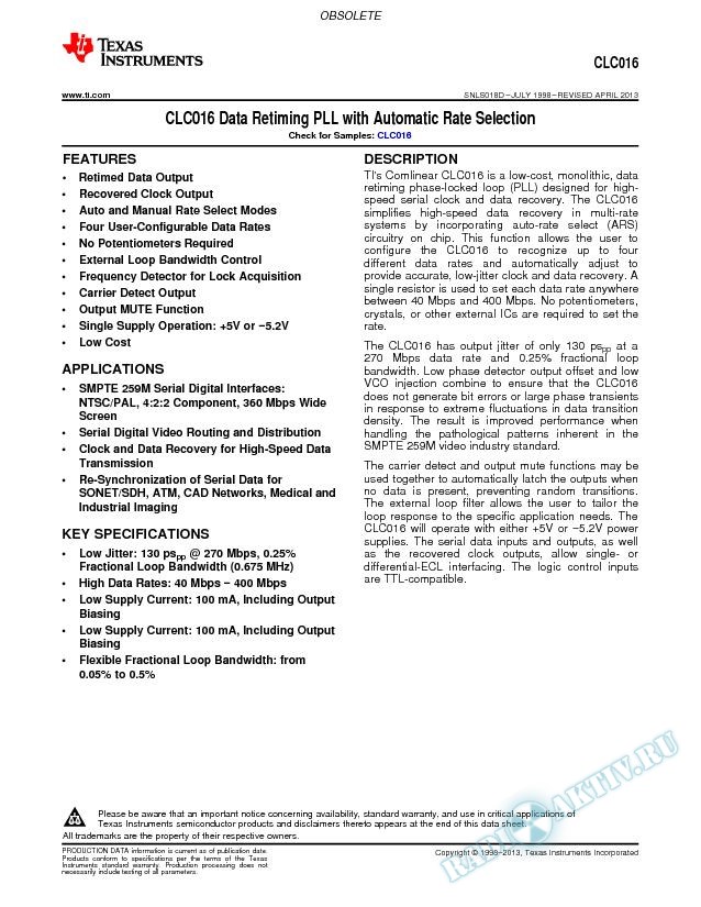 CLC016 Data Retiming PLL with Automatic Rate Selection (Rev. D)