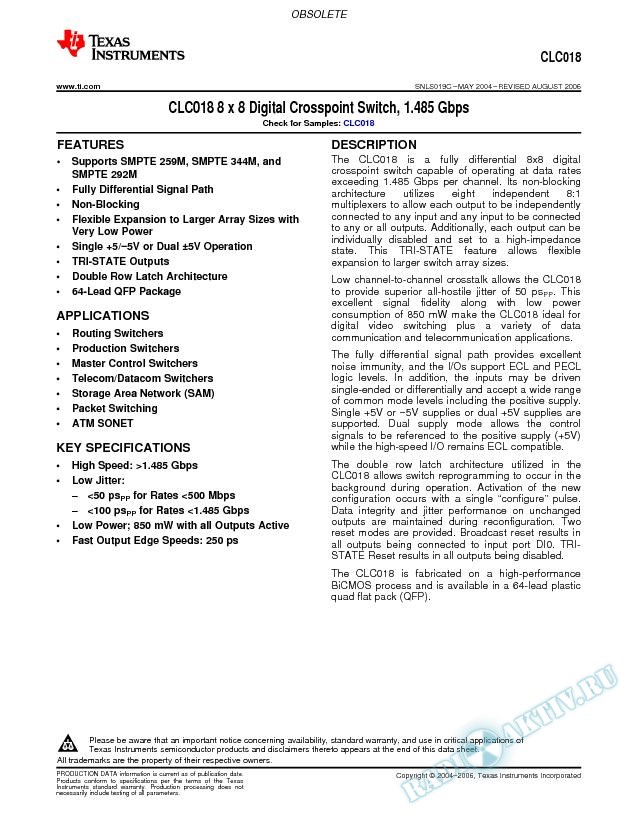 CLC018 8 x 8 Digital Crosspoint Switch, 1.485 Gbps (Rev. C)