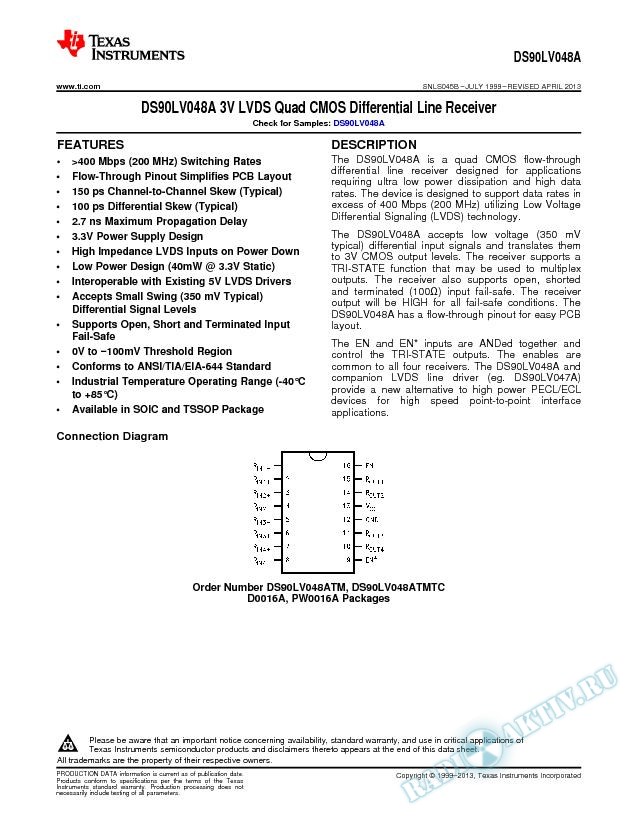 DS90LV048A 3V LVDS Quad CMOS Differential Line Receiver (Rev. B)