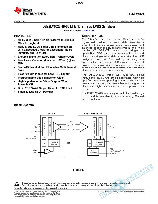DS92LV1023 40-66 MHz 10 Bit Bus LVDS Serializer (Rev. D)