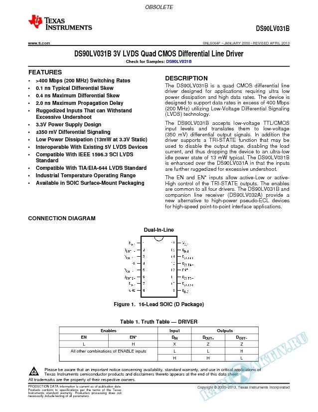 DS90LV031B 3V LVDS Quad CMOS  Differential Line Driver (Rev. F)
