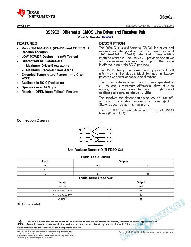 DS89C21 Differential CMOS Line Driver and Receiver Pair (Rev. C)