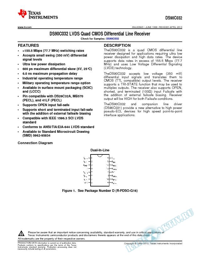 DS90C032  LVDS Quad CMOS Differential Line Receiver (Rev. D)