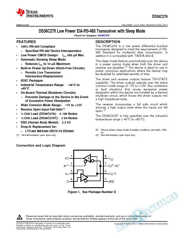 DS36C279 Low Power EIA-RS-485 Transceiver with Sleep Mode (Rev. B)