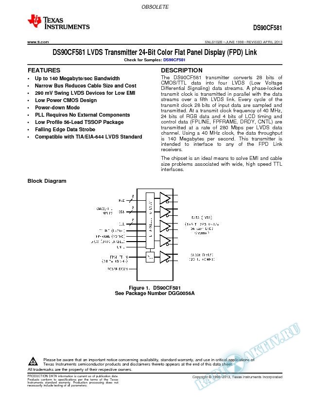 DS90CF581 LVDS Transmitter 24-Bit  Color Flat Panel Display (FPD) Link (Rev. B)