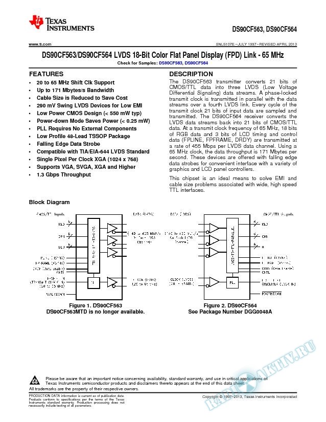 DS90CF563/DS90CF564 LVDS 18-Bit  Color Flat Panel Display(FPD) Link - 65 MHz (Rev. E)