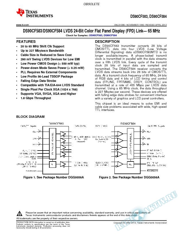 DS90CF583/DS90CF584 LVDS 24-Bit Color Flat Panel Display (FPD) Link -  65 MHz (Rev. B)