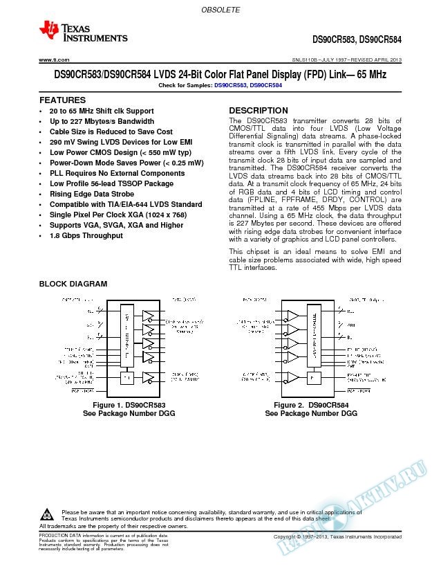 DS90CR583/DS90CR584 LVDS 24-Bit  Color Flat Panel Display (FPD) Link 65 MHz (Rev. B)