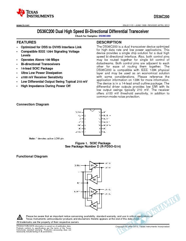 DS36C200 Dual High Speed Bi-Directional Differential Transceiver (Rev. D)