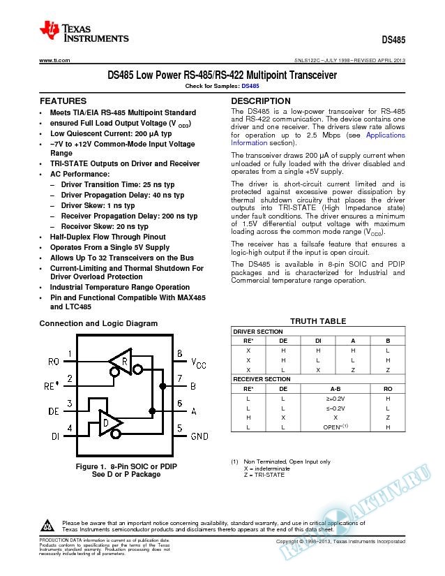 DS485 Low Power RS-485/RS-422 Multipoint Transceiver (Rev. C)