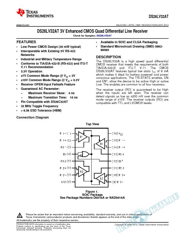 DS26LV32AT 3V Enhanced CMOS Quad Differential Line Receiver (Rev. C)