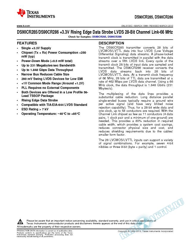 DS90CR285/DS90CR286 3.3V Rising Edge Data Strobe LVDS 28Bit Channel Link- 66MHz (Rev. C)