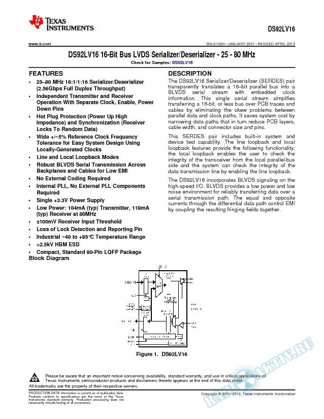 DS92LV16 16-Bit Bus LVDS Serializer/Deserializer - 25 - 80 MHz (Rev. H)