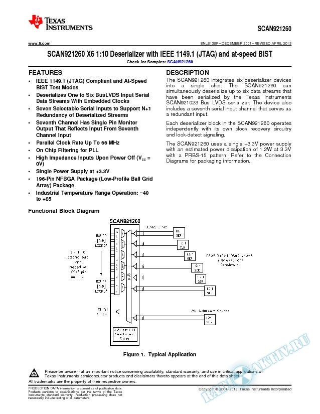SCAN921260 X6 1:10 Deserializer with IEEE 1149.1 (JTAG) and at-speed BIST (Rev. F)