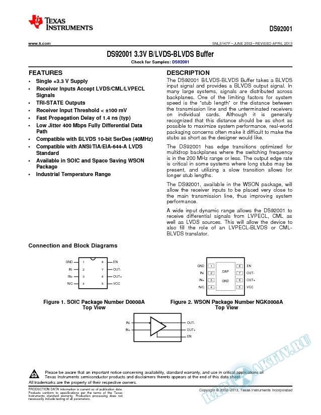 DS92001 3.3V B/LVDS-BLVDS Buffer (Rev. F)