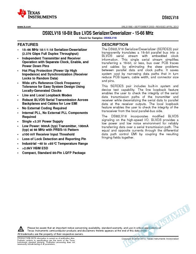 DS92LV18 18-Bit Bus LVDS Serializer/Deserializer - 15-66 MHz (Rev. E)