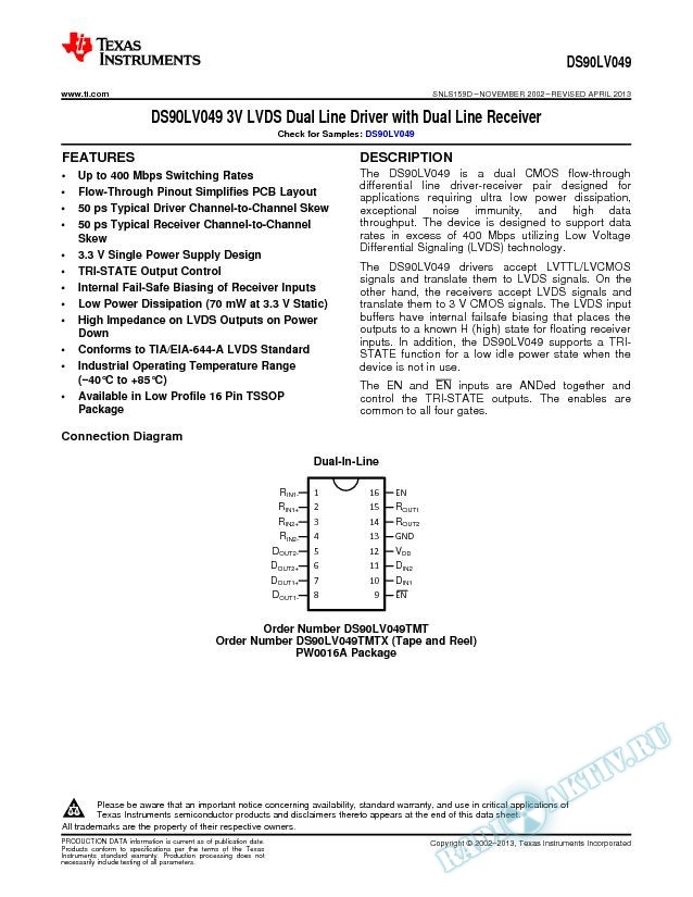 DS90LV049 3V LVDS Dual Line Driver with Dual Line Receiver (Rev. D)