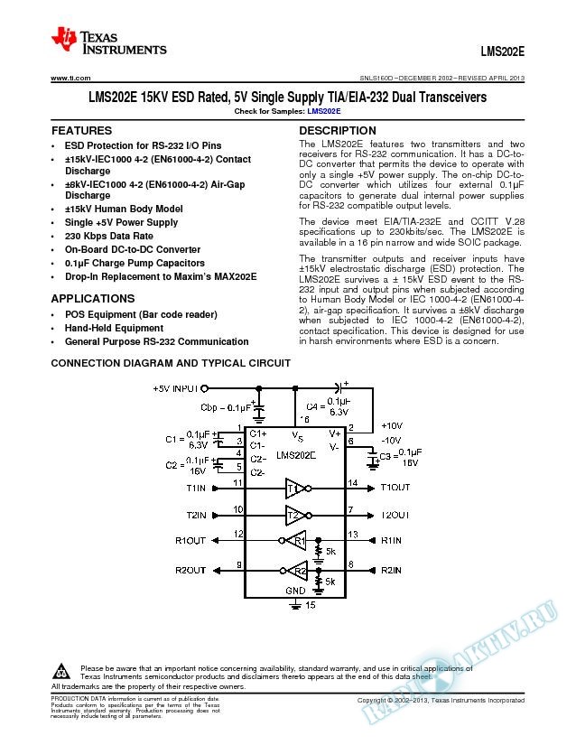 LMS202E 15KV ESD Rated, 5V Single Supp TIA-;EIA-232 Dual Transc (Rev. D)