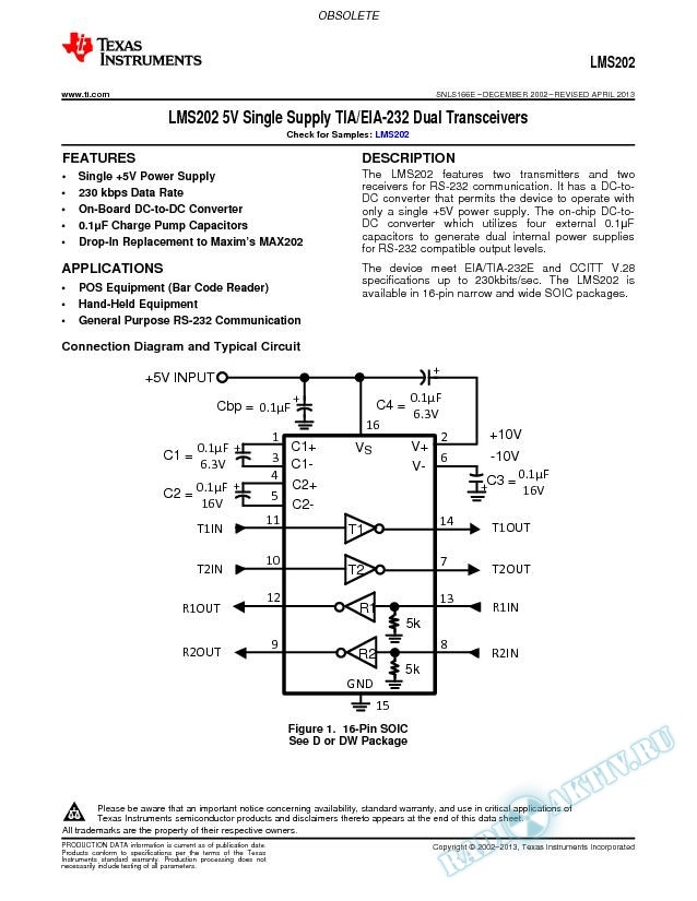 LMS202 5V Single Supply TIA/EIA-232 Dual Transceivers (Rev. E)