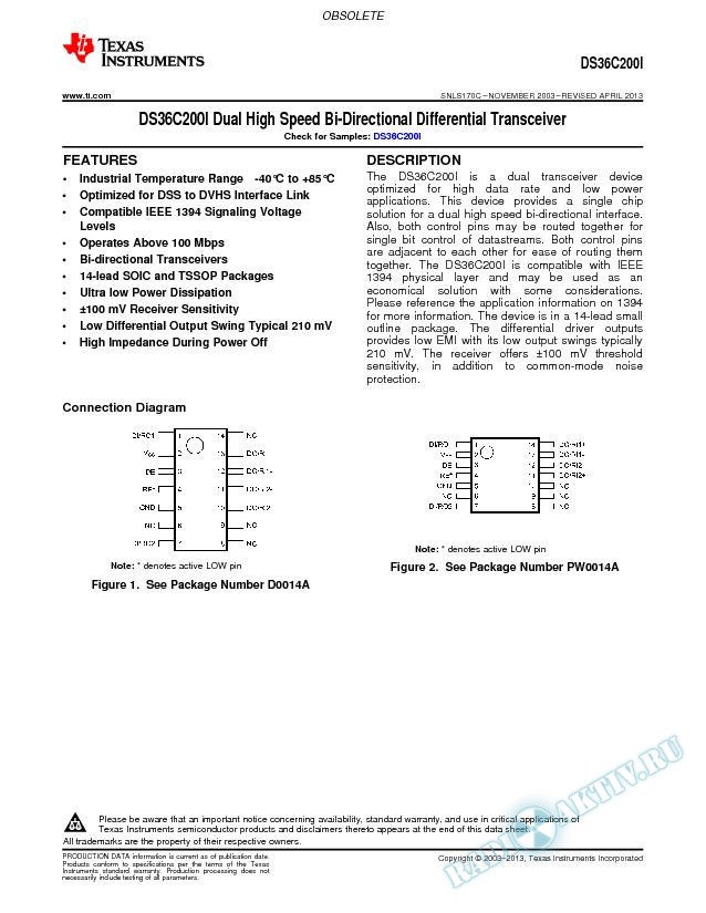 DS36C200I Dual High Speed Bi-Directional Differential Transceiver (Rev. C)