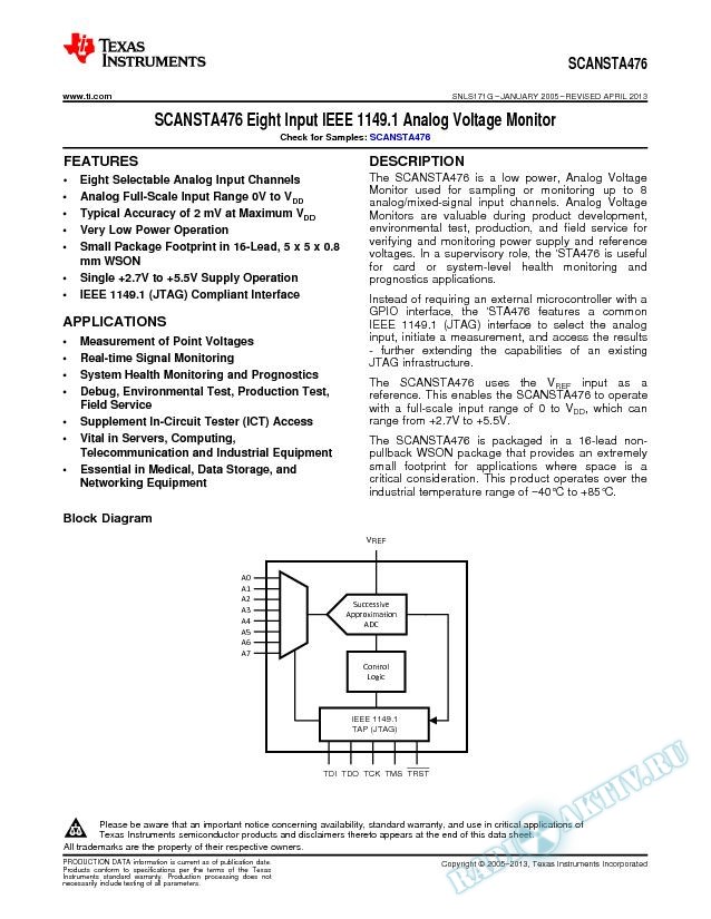 SCANSTA476 Eight Input IEEE 1149.1 Analog Voltage Monitor (Rev. G)
