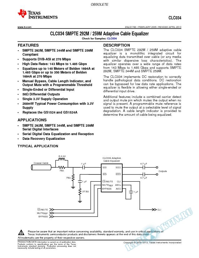 CLC034 SMPTE 292M / 259M Adaptive Cable Equalizer (Rev. E)