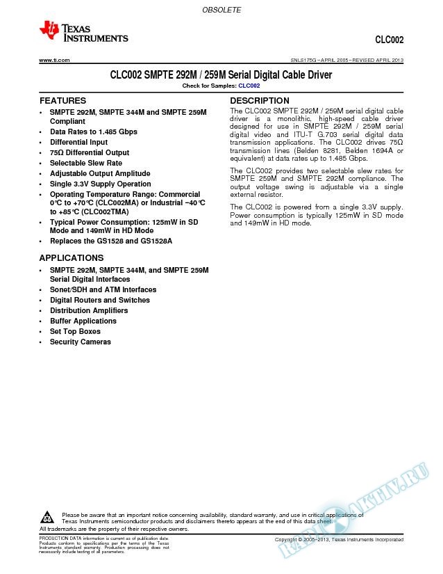 CLC002 SMPTE 292M / 259M Serial Digital Cable Driver (Rev. G)
