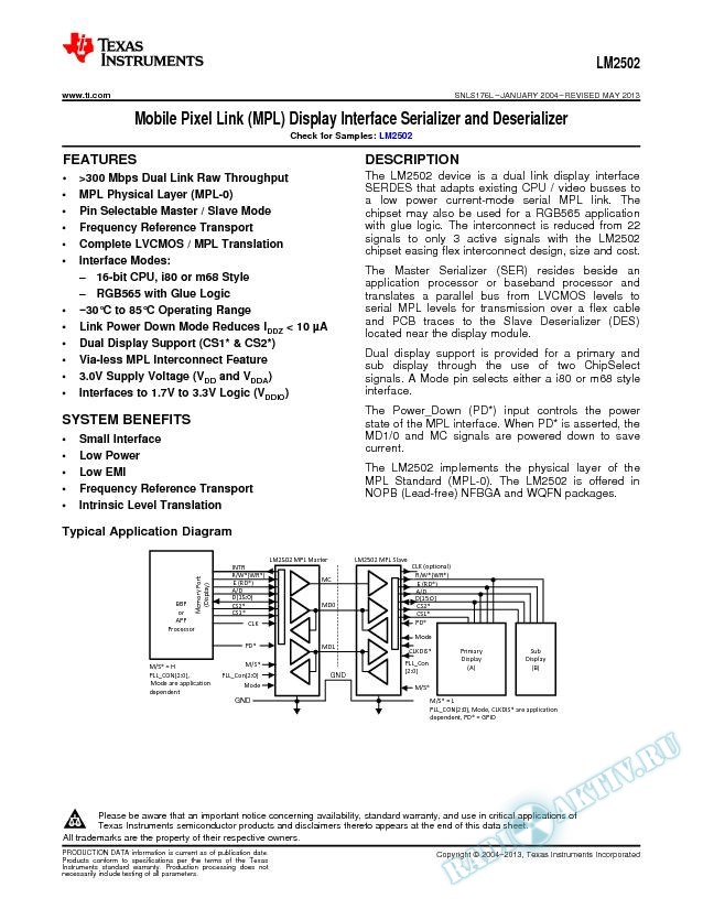 LM2502 Mobile Pixel Link (MPL) Display Interface Serializer and Deserializer (Rev. L)