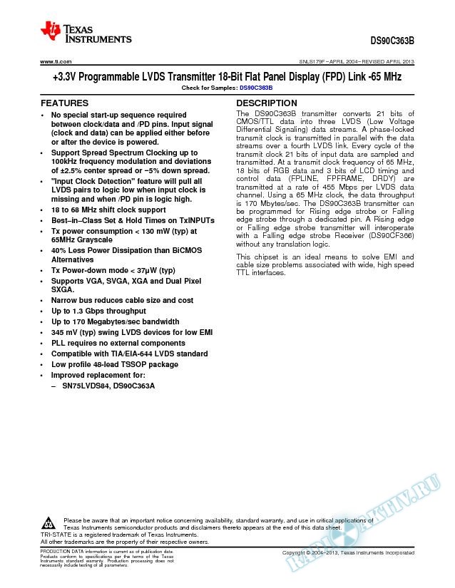 DS90C363B 3.3V Prog LVDS Transm 18-Bit FPD Link -65 MHz (Rev. F)