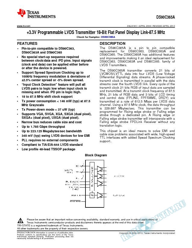 DS90C365A 3.3V Prog LVDS Transm 18-Bit FPD Link-87.5 MHz (Rev. I)