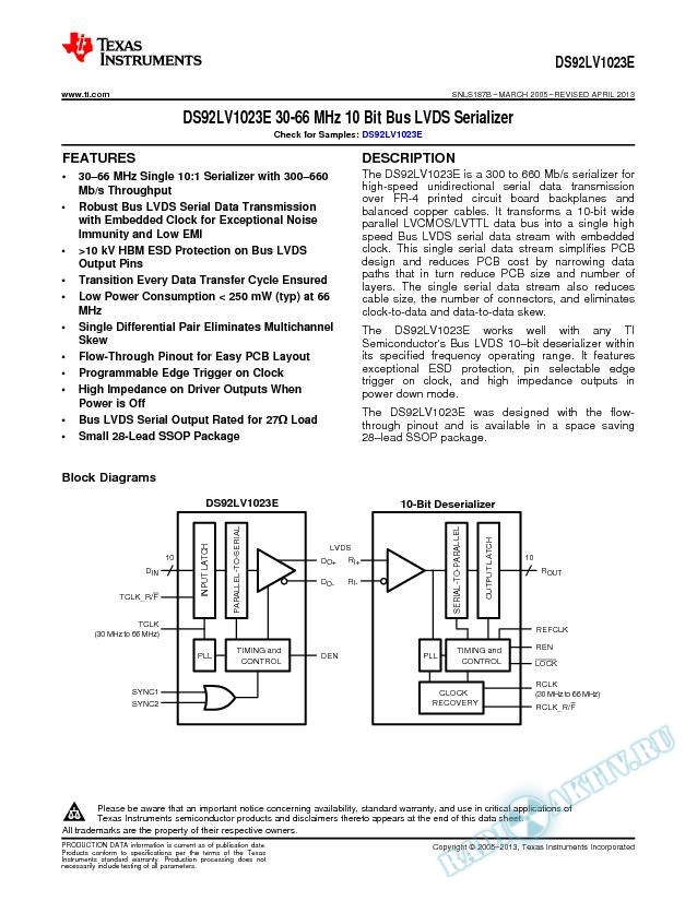 DS92LV1023E 30-66 MHz 10 Bit Bus LVDS Serializer (Rev. B)